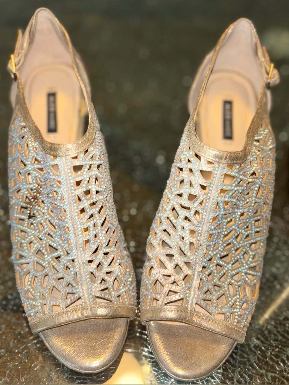 ⸻

Alex Marie Rhinestone Embellished Peep Toe Heels